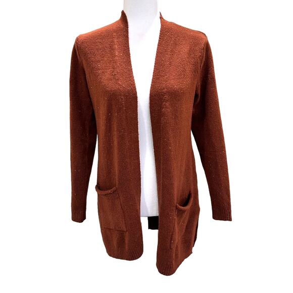 Love Ellie Copper Brown Speckled Long Open Front Cardigan Patch Pockets - Picture 1 of 9